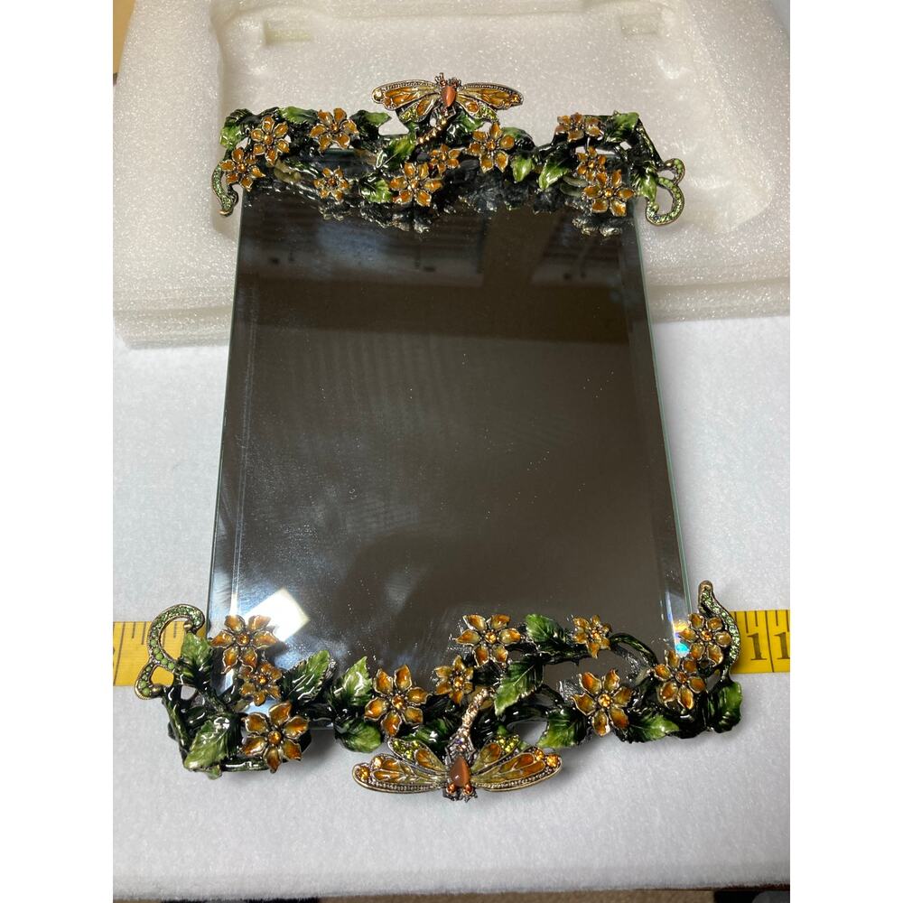 Jeweled Dragonfly Flower Vanity Mirror Tray 9.5” Cherished Treasures. Pre-Owned